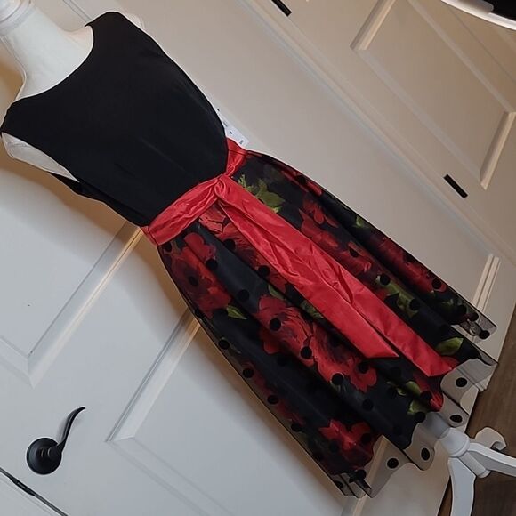 Studio 1 sz 8 midi dress with black polka doted chiffon overlay NWT - Picture 1 of 15